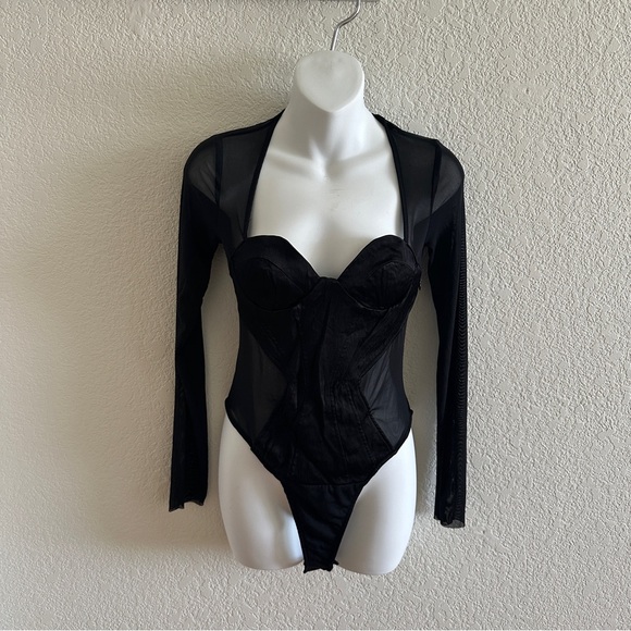 Zara Women’s Black Mesh Sheer Cutout Long Sleeve Bodysuit - Picture 2 of 8